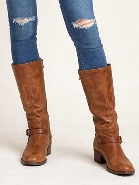 Brown Leather Mid-Calf Heeled Boots - Women's Stylish Riding Boots